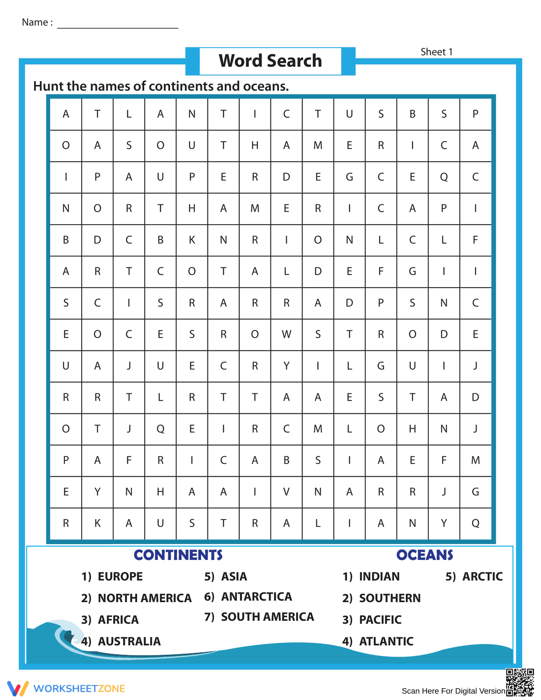 Continents and Oceans Worksheet - Page 1