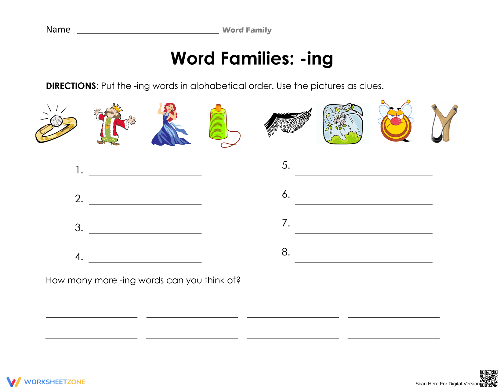 Essential -ing Word Families Alphabetical Order Worksheet - Page 1