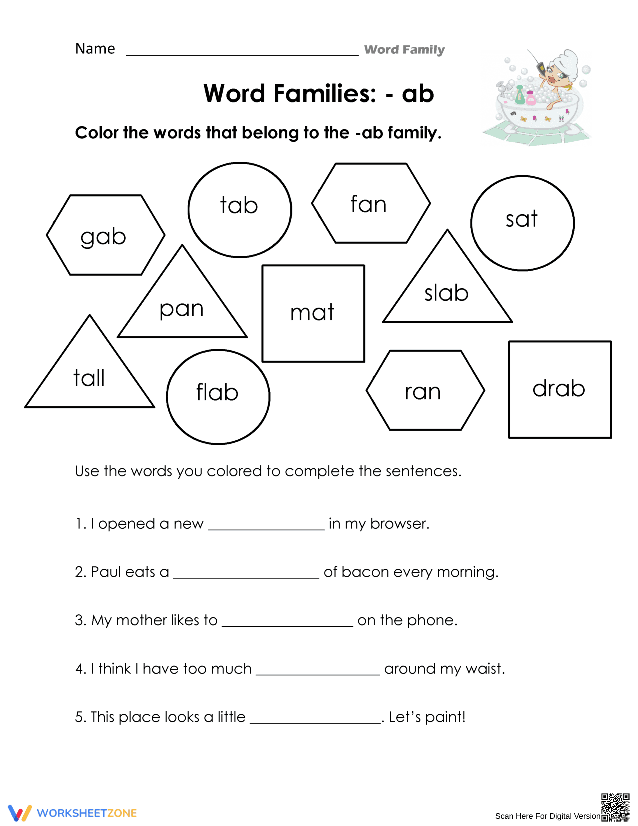 -ab Word Family Worksheet: Essential Phonics for Grades 1-2 - Page 1