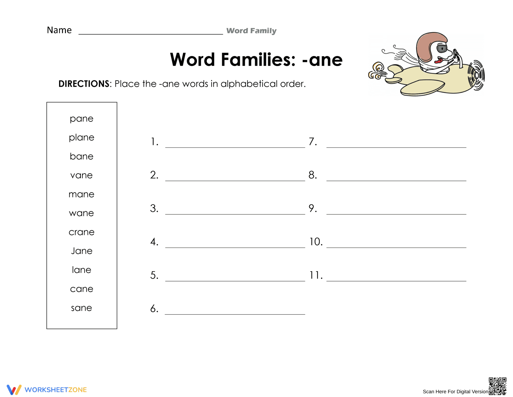 Grade 1-2 -ane Words — Printable No-Prep Worksheet - Page 1