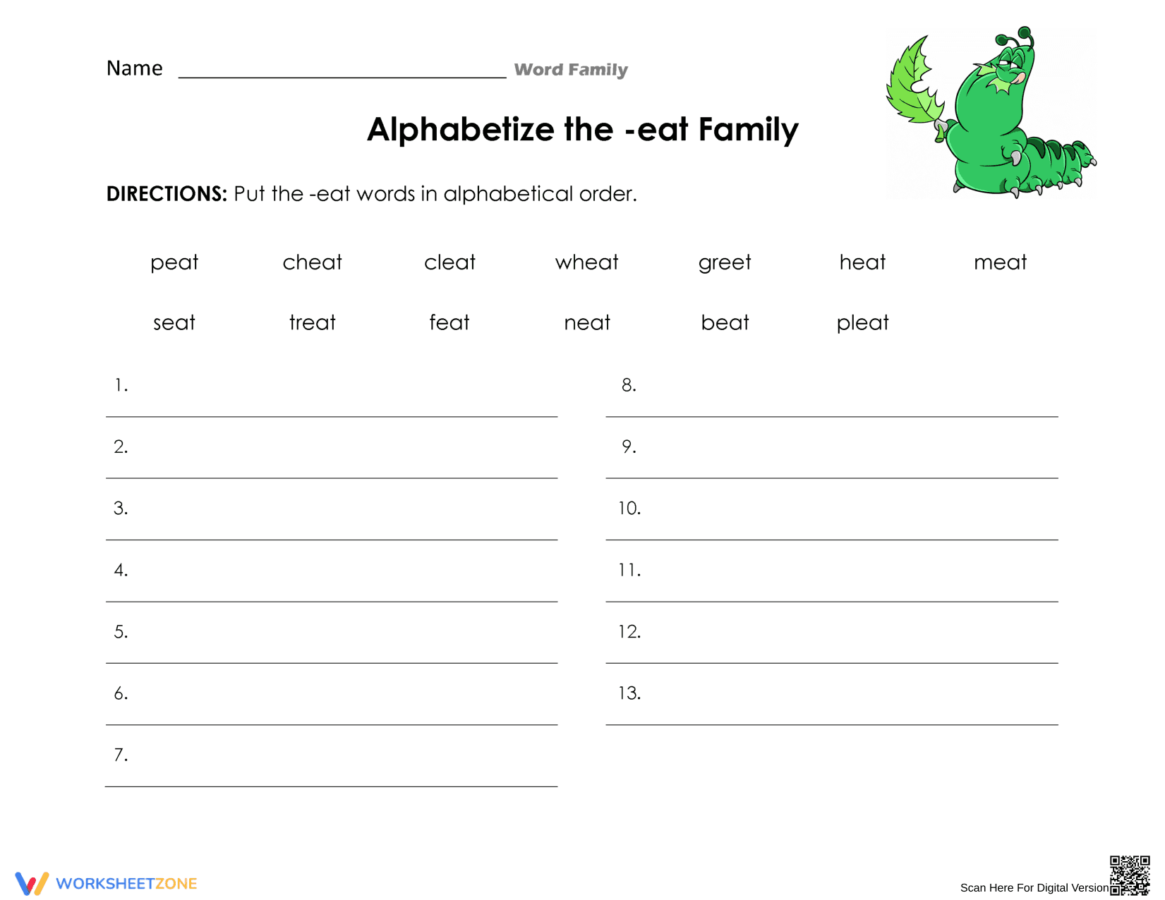 Essential Grade 1-2 Alphabetical Order -eat Family Worksheet - Page 1