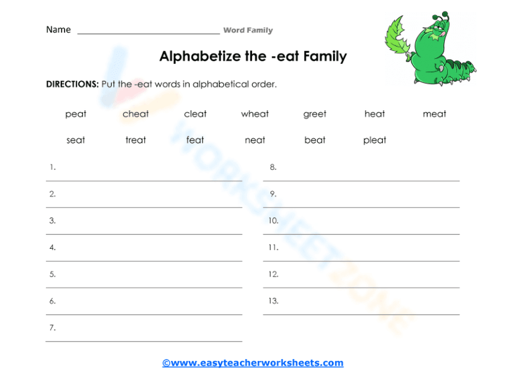 Essential Grade 1-2 Alphabetical Order -eat Family Worksheet - Page 1