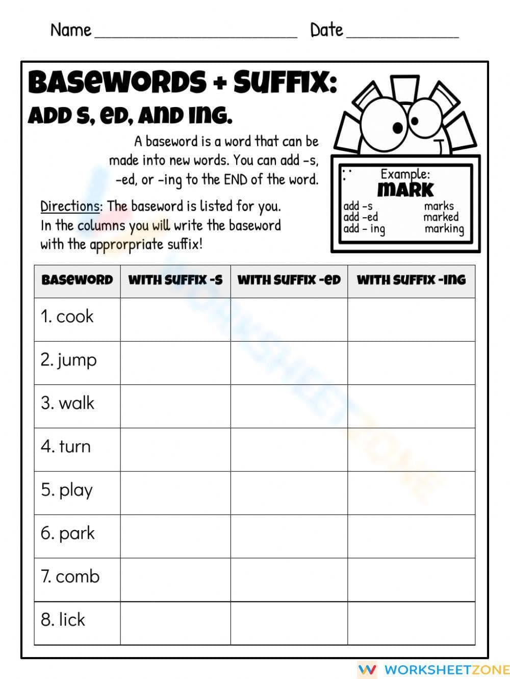 Essential Suffixes Worksheet: -s, -ed, -ing | Grade 1-2 - Page 1