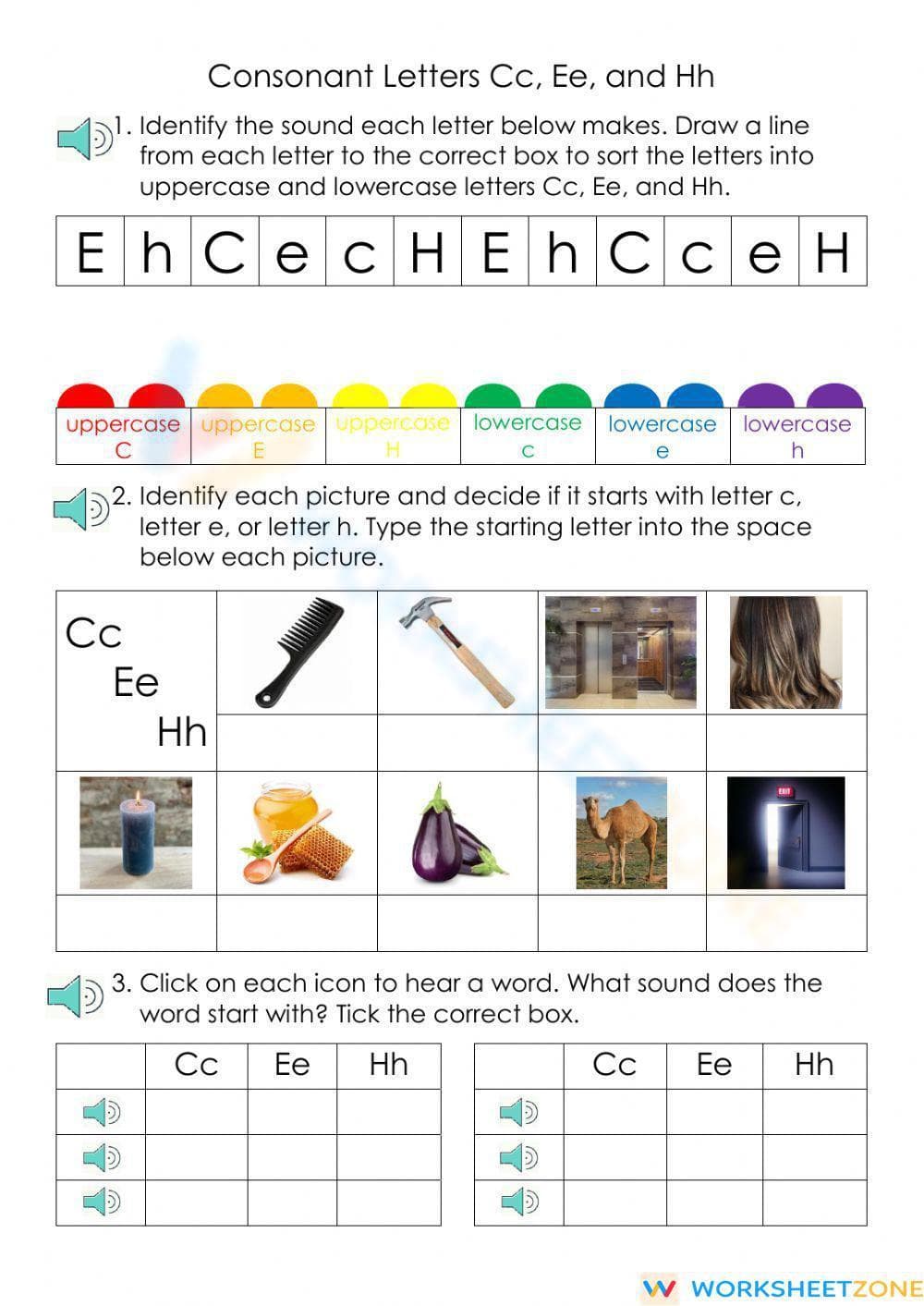 Essential Cc, Ee, and Hh Phonics Worksheet | Kindergarten - Page 1