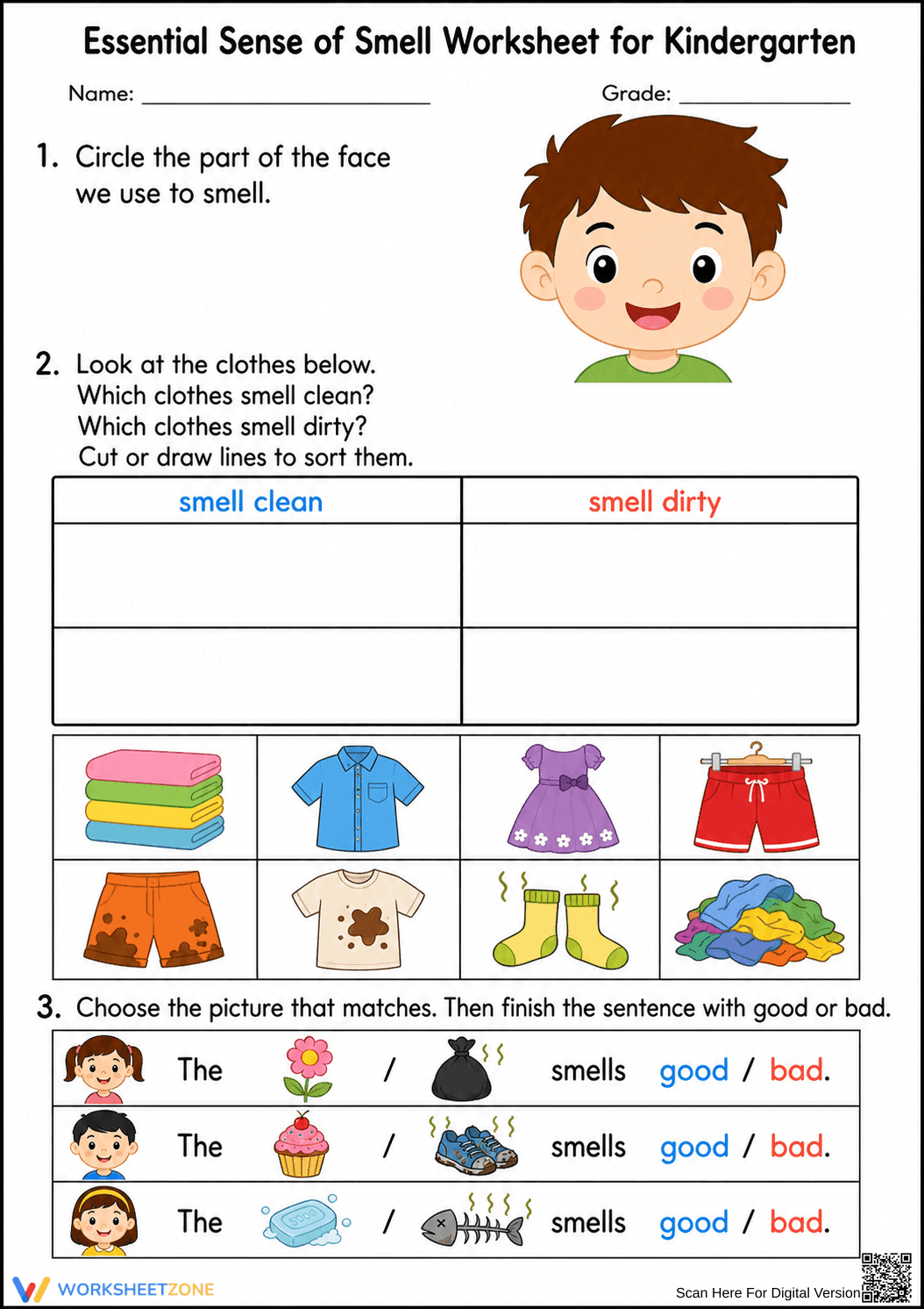 Printable Sense of Smell Worksheet for Grade K - Page 1