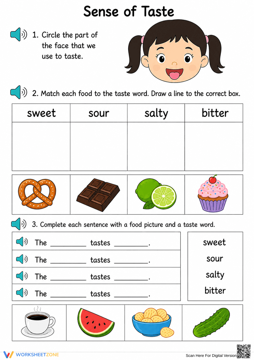 Sense of Taste Worksheet | Essential Grade K-1 ELA - Page 1