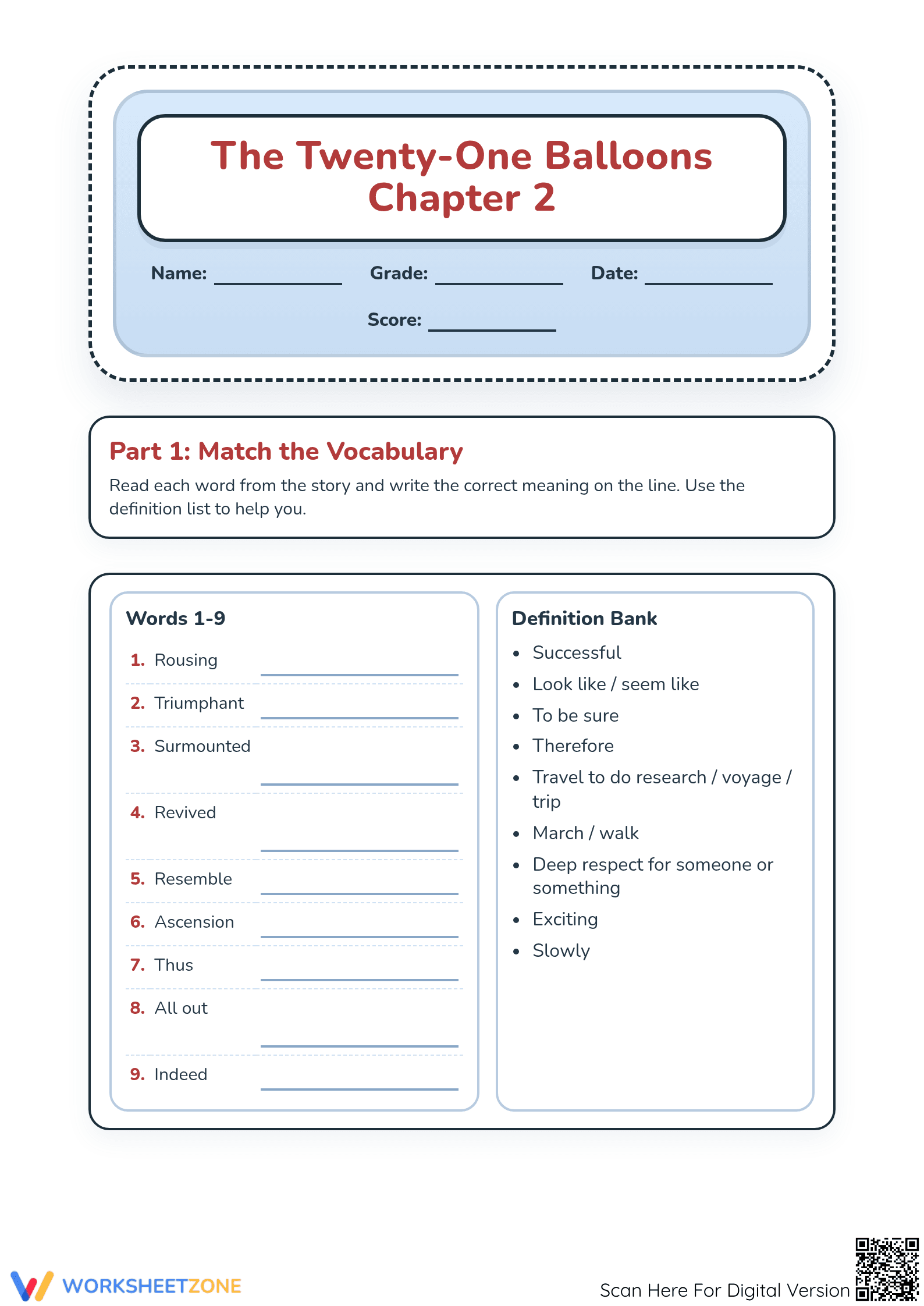 Grade 3 Twenty-One Balloons — Printable No-Prep Worksheet - Page 1