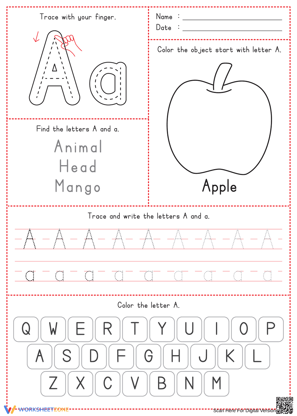 Grade K Letter A — Printable No-Prep Worksheet - Page 1