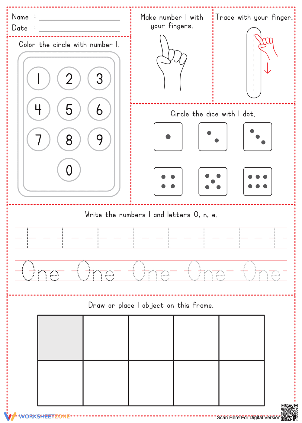 Printable Number 1 Worksheet for Kindergarten - Page 1