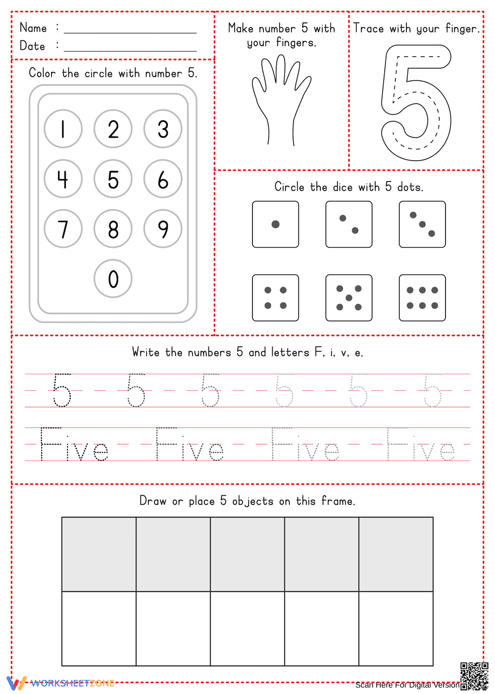 Printable Number 5 Worksheet | Grade K Math - Page 1
