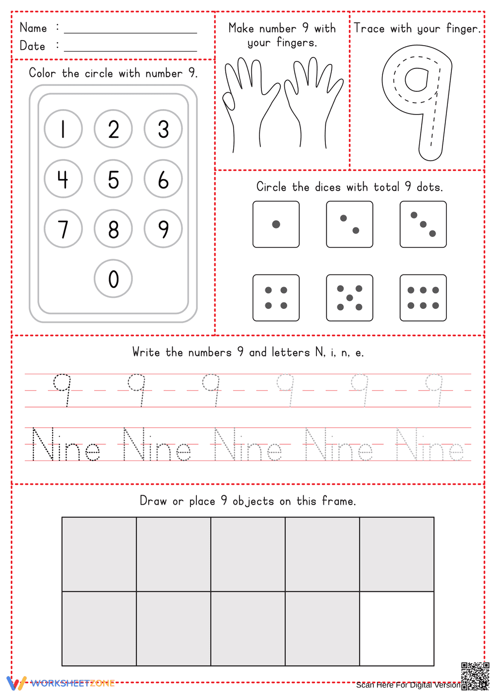 Grade K Number 9 — Printable No-Prep Worksheet - Page 1