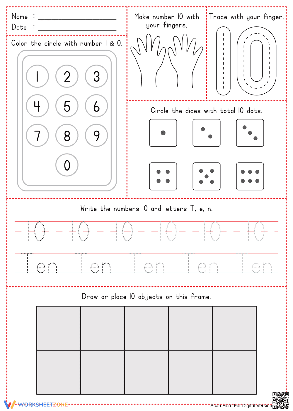 Printable Number 10 Worksheet for Kindergarten - Page 1