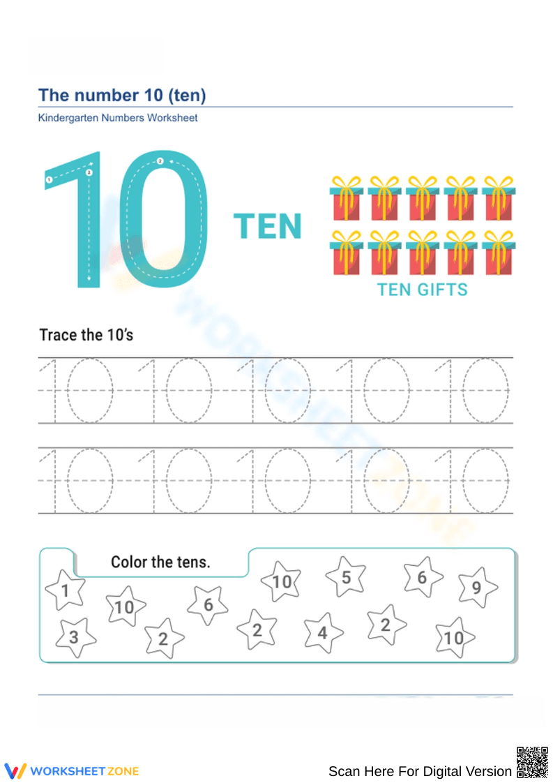 Fun with Number 10: Trace, Count, and Color for Kindergarten
- Page 1