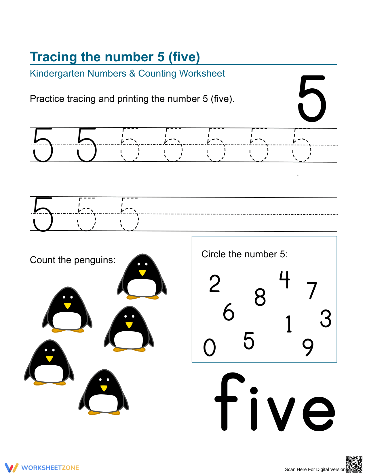 Cute Animals Tracing Number 5 Activity - Page 1