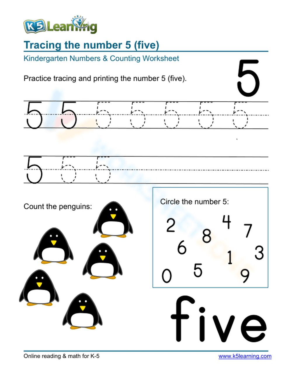 Cute Animals Tracing Number 5 Activity - Page 1