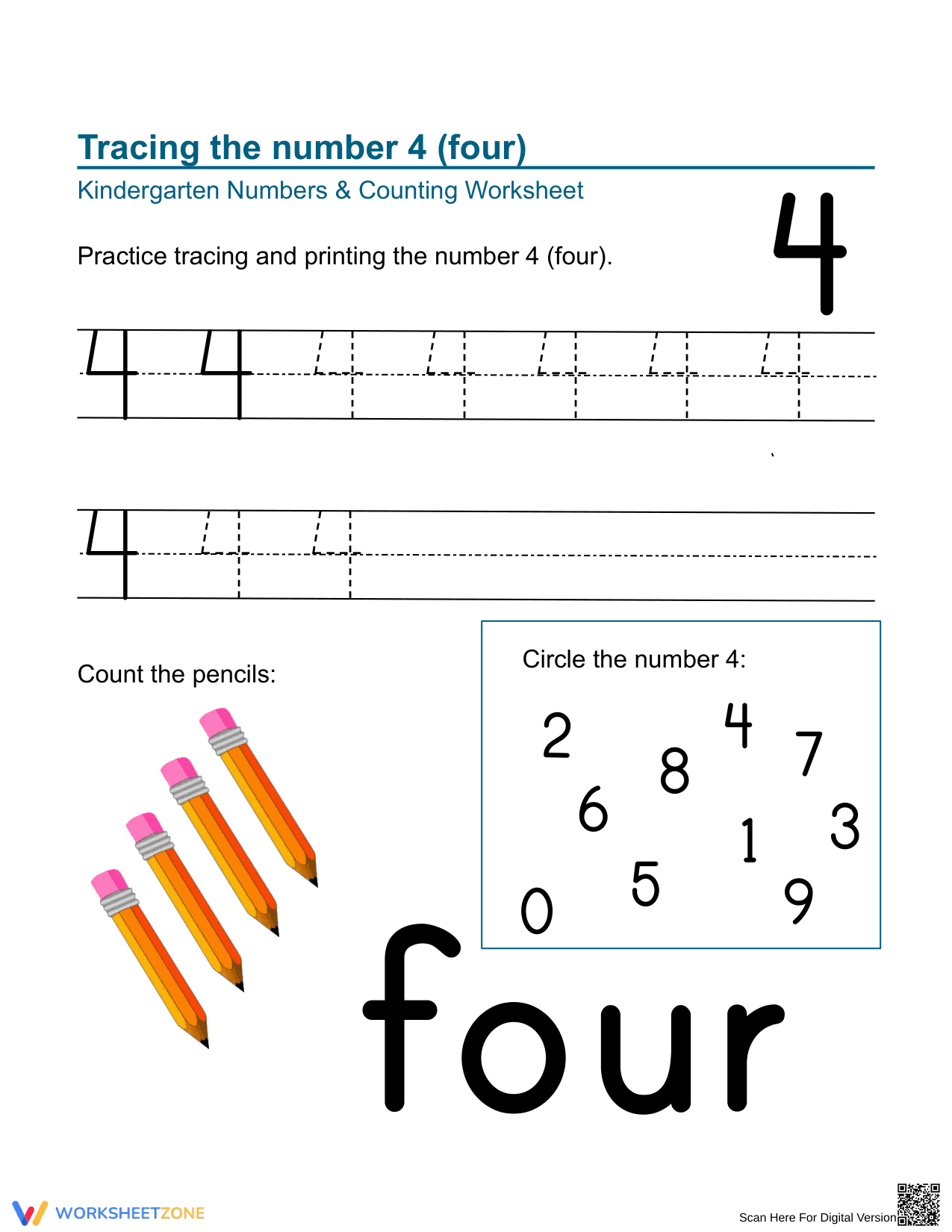 Practice Tracing And Printing The Number Four - Page 1