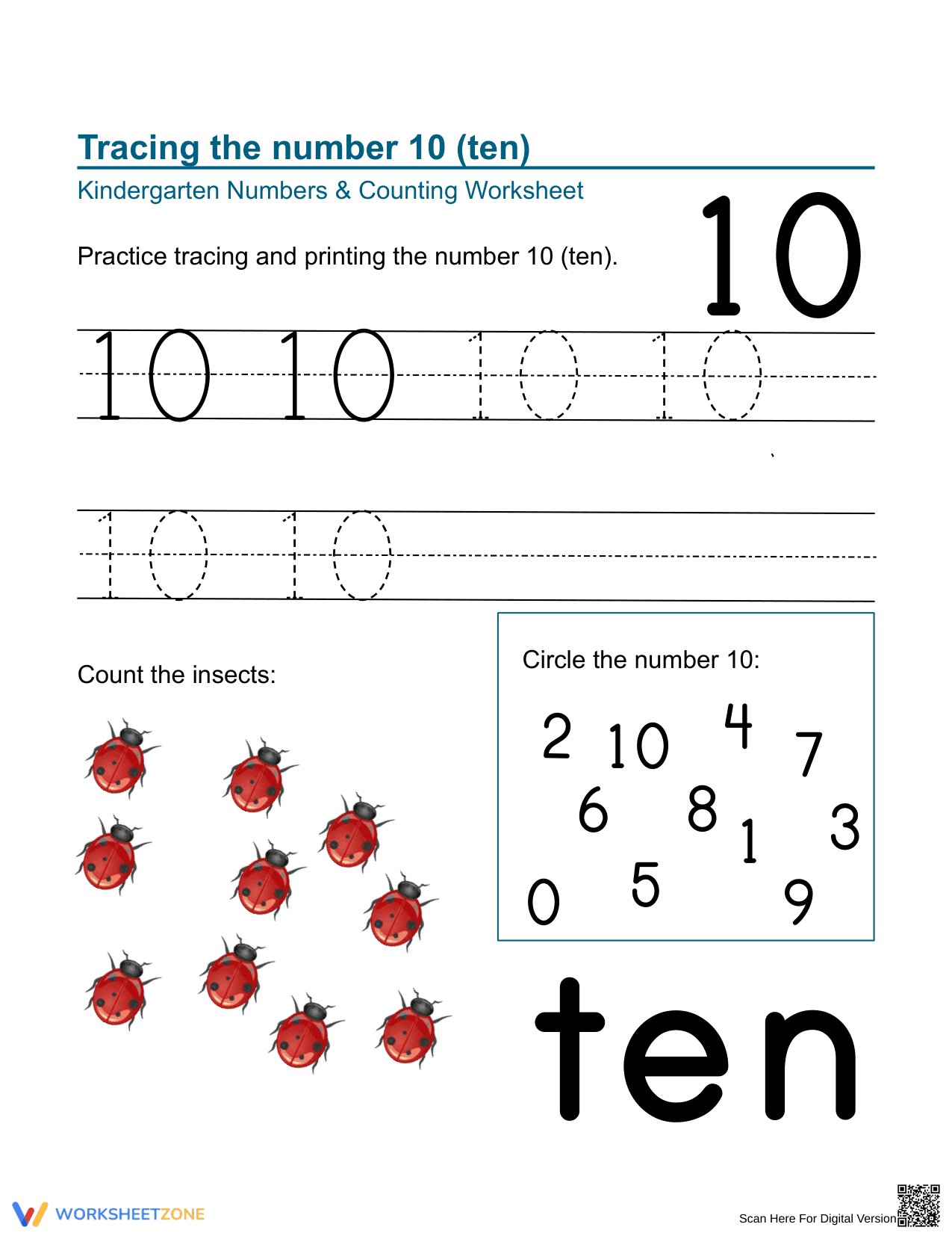 Tracing and Counting the Number 10 Worksheet - Page 1