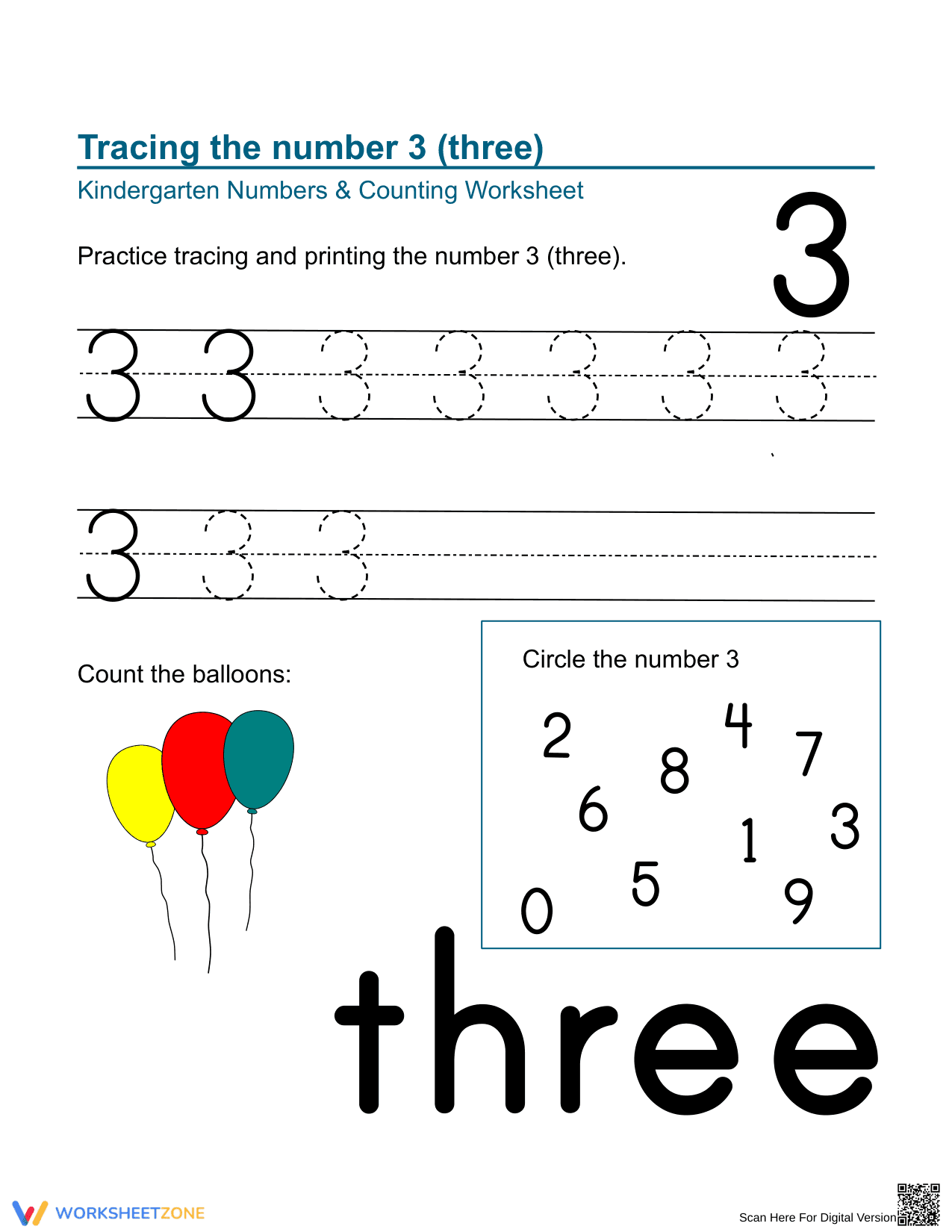 Number 3: Tracing, Counting and Coloring Worksheet - Page 1