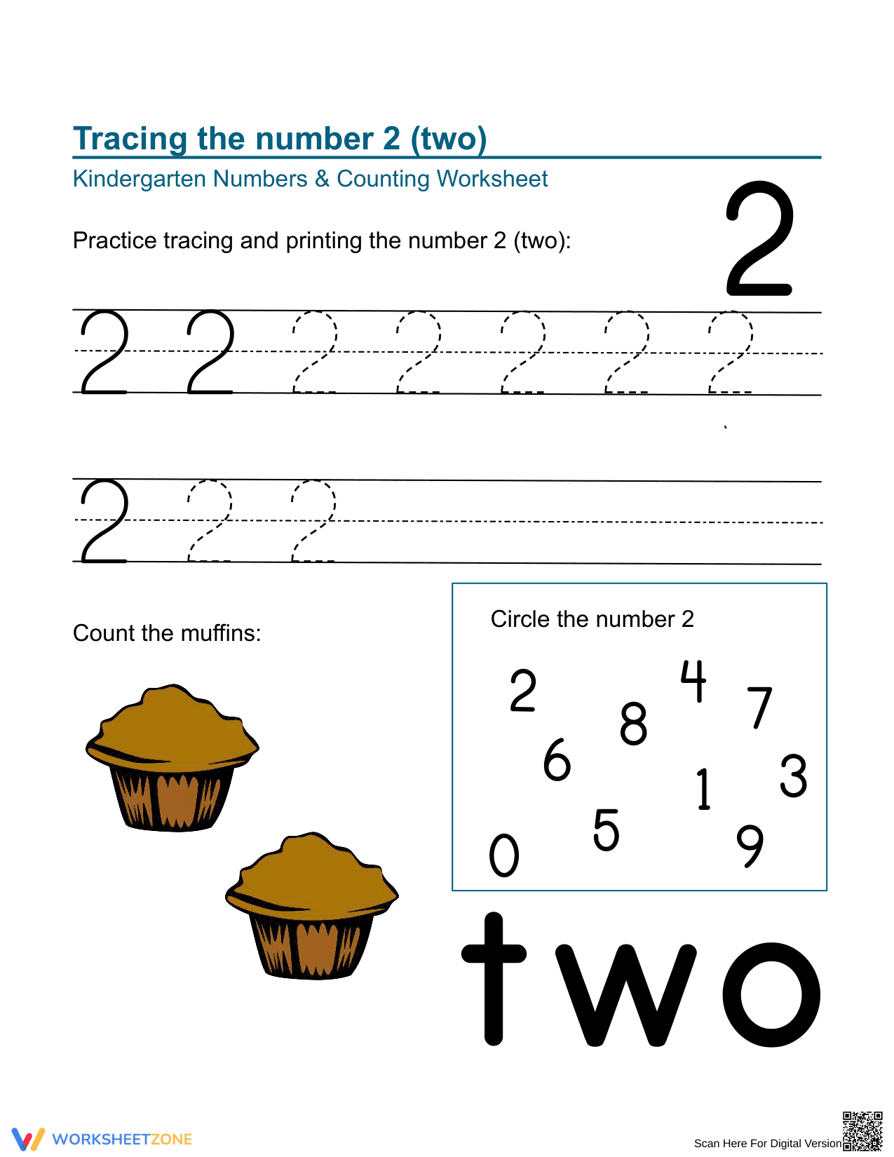 Number 2 Tracing Worksheet – Count, Trace, and Circle - Page 1