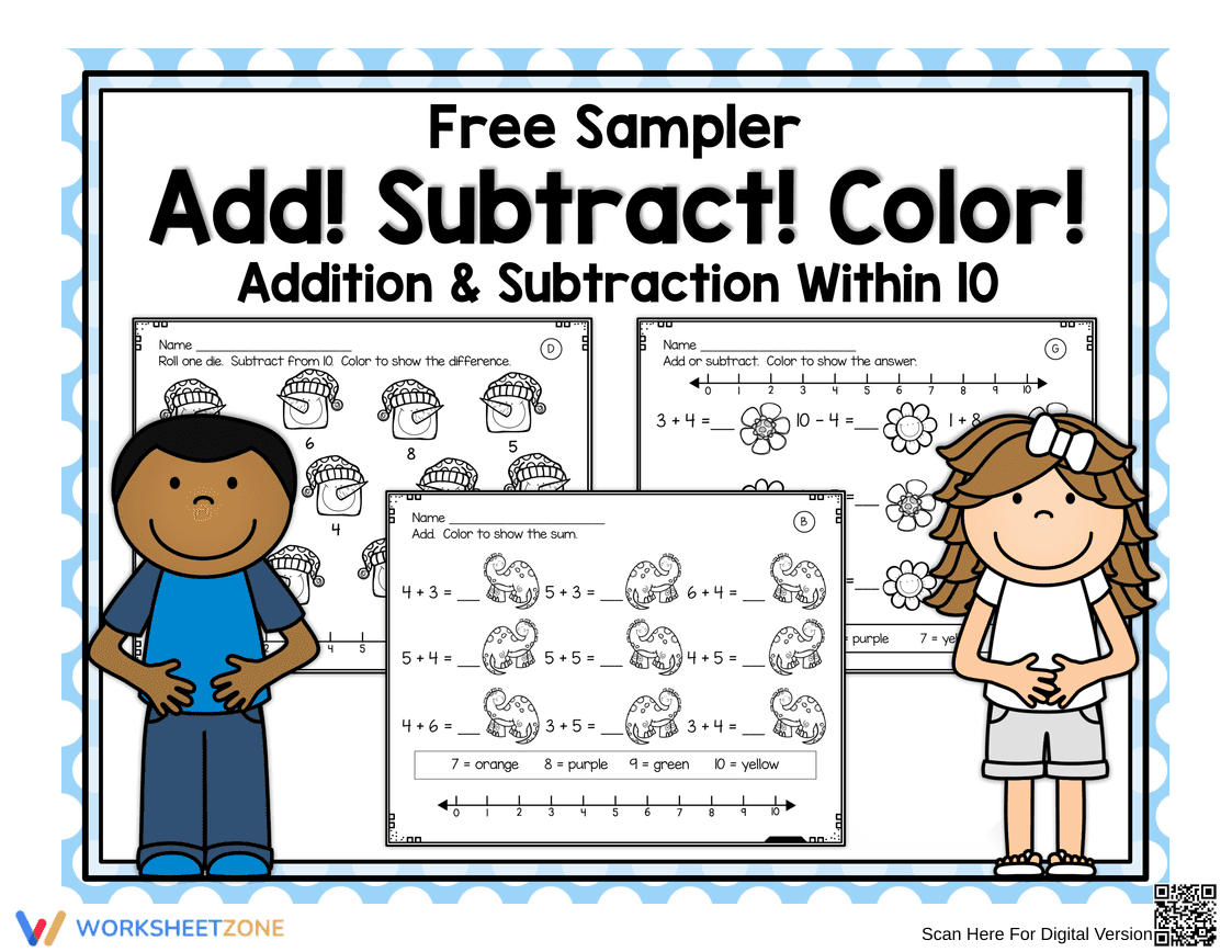 Addition and Subtraction Color by Number Worksheet - Page 1