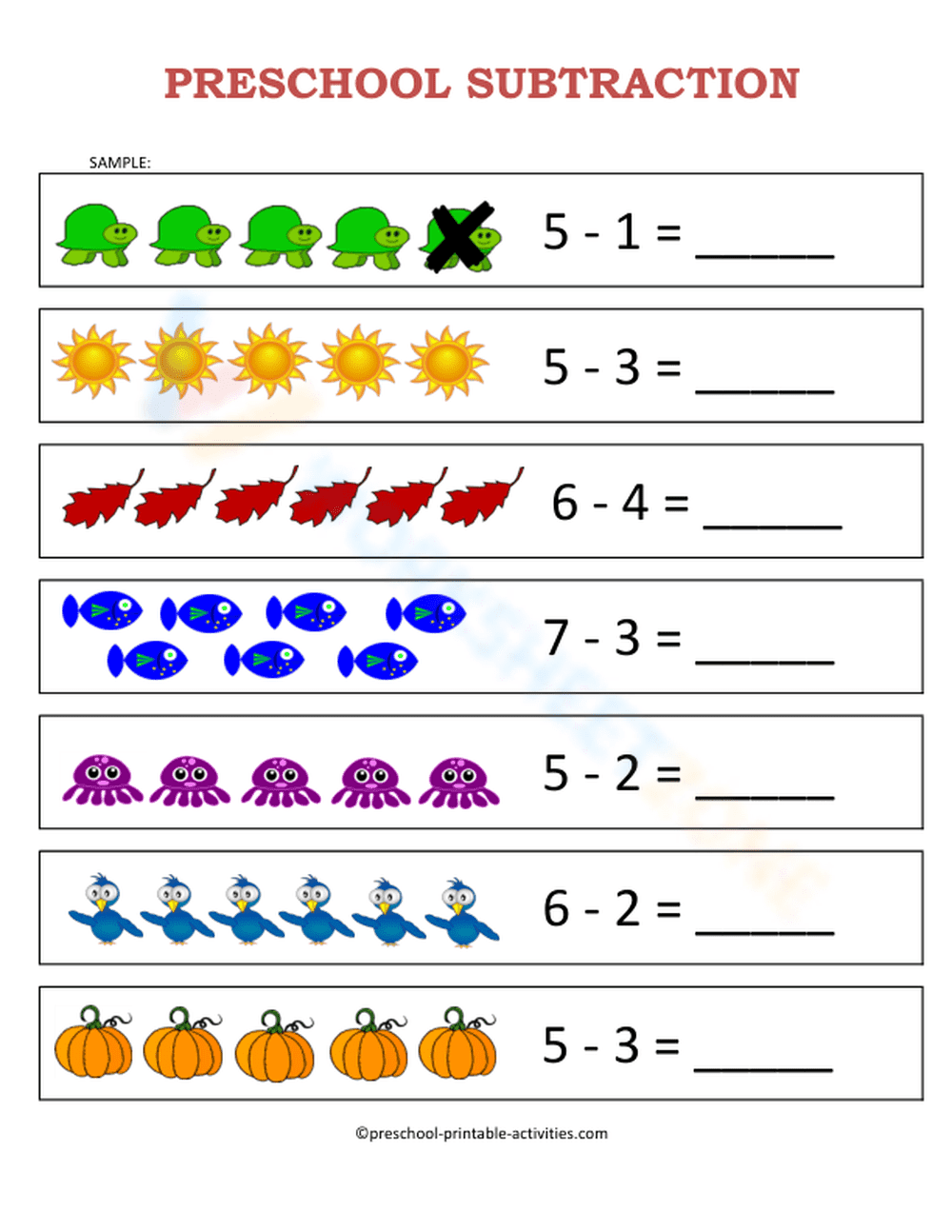 Preschool Subtraction with Objects - Page 1
