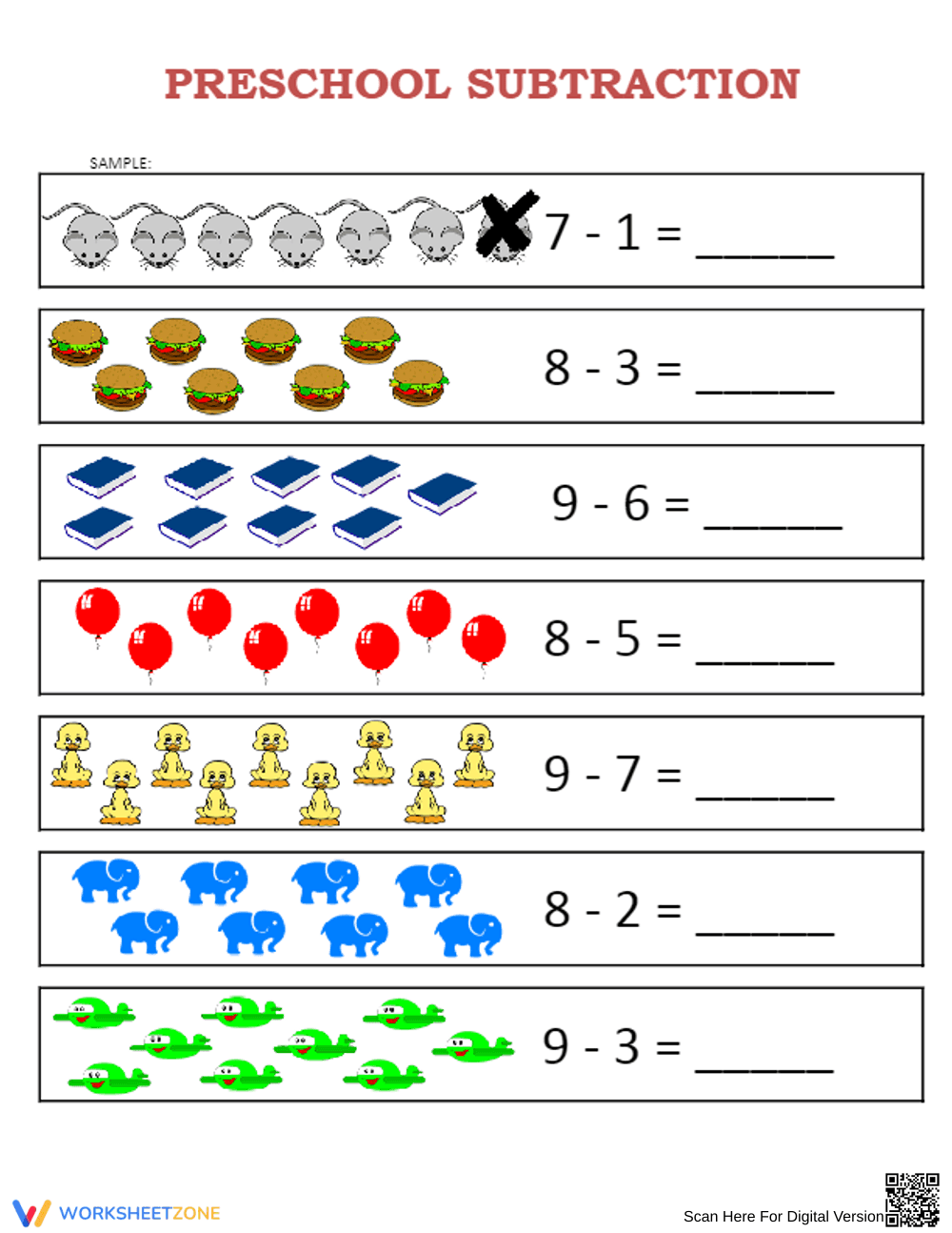 Visual Subtraction: 1-Digit Subtraction for Preschool - Page 1