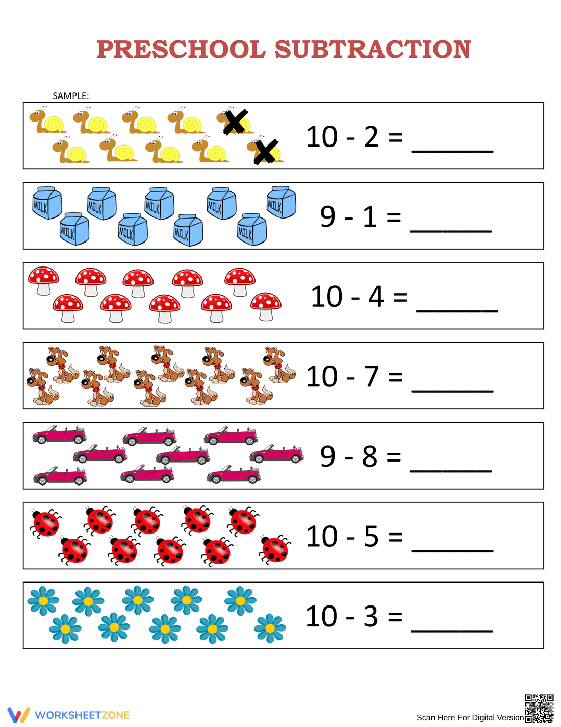 Basic Subtraction: 1-Digit Subtraction with Objects - Page 1
