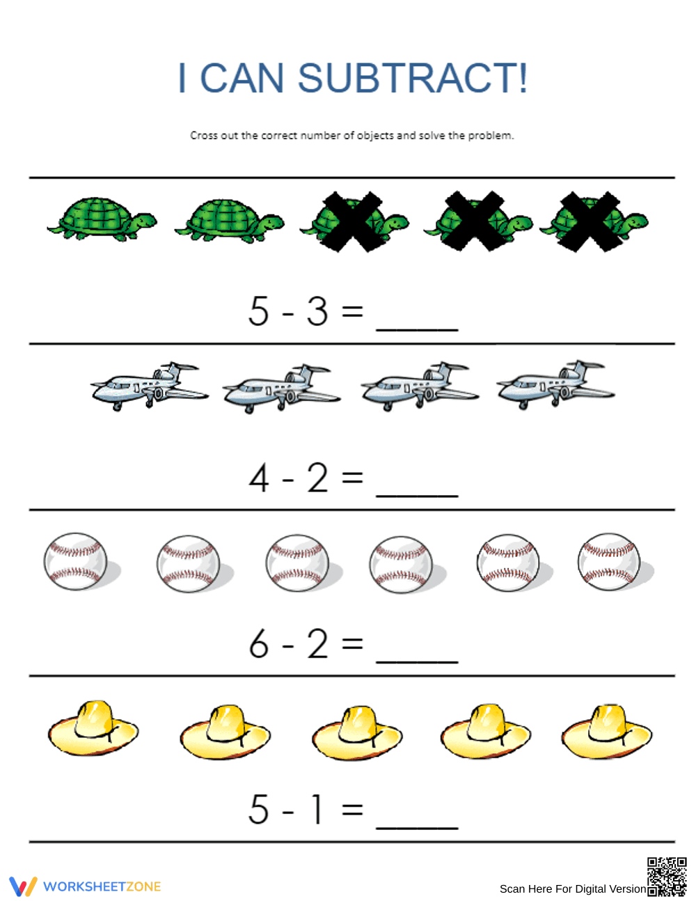 Subtraction Practice: Lines and Word Math - Page 1