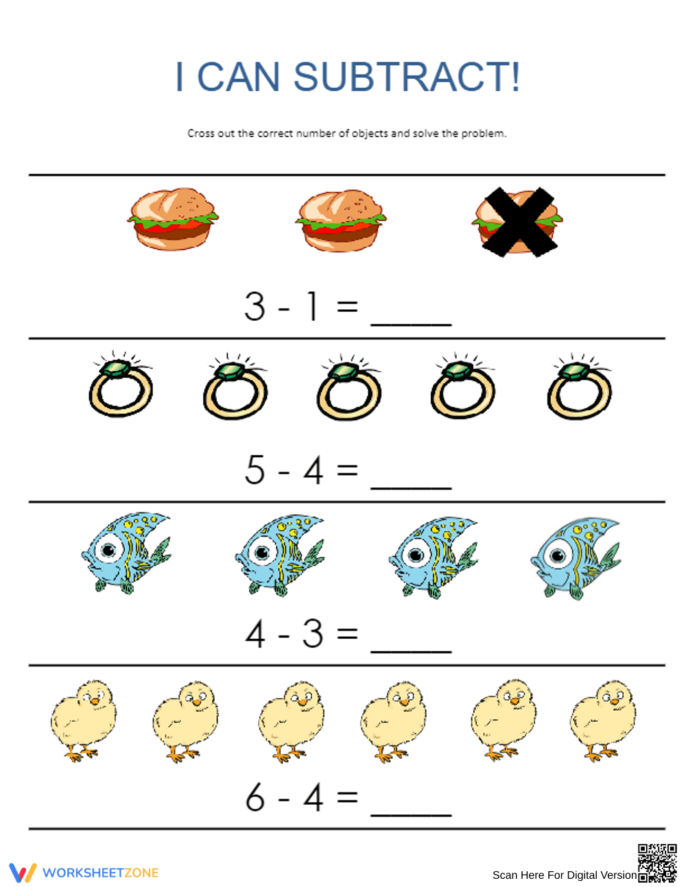 Integrated Subtraction Practice: Lines and Word Math - Page 1
