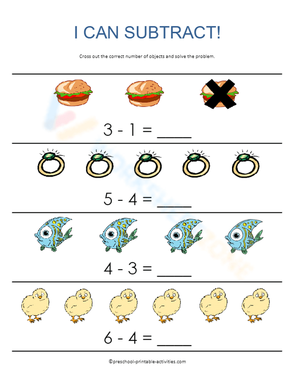 Integrated Subtraction Practice: Lines and Word Math - Page 1