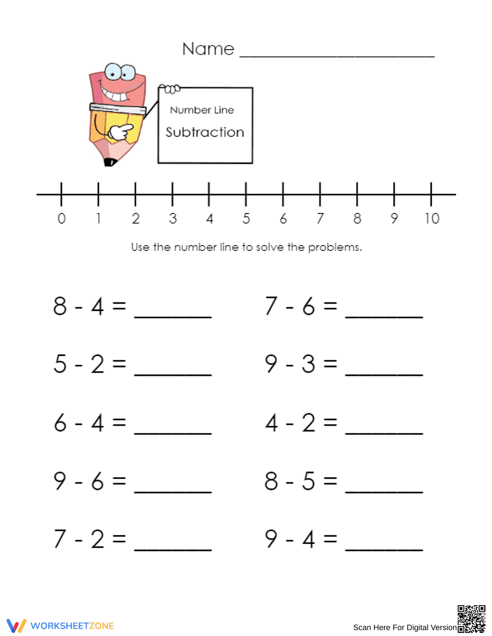 Subtraction Practice Pages: Lines and Word Math - Page 1