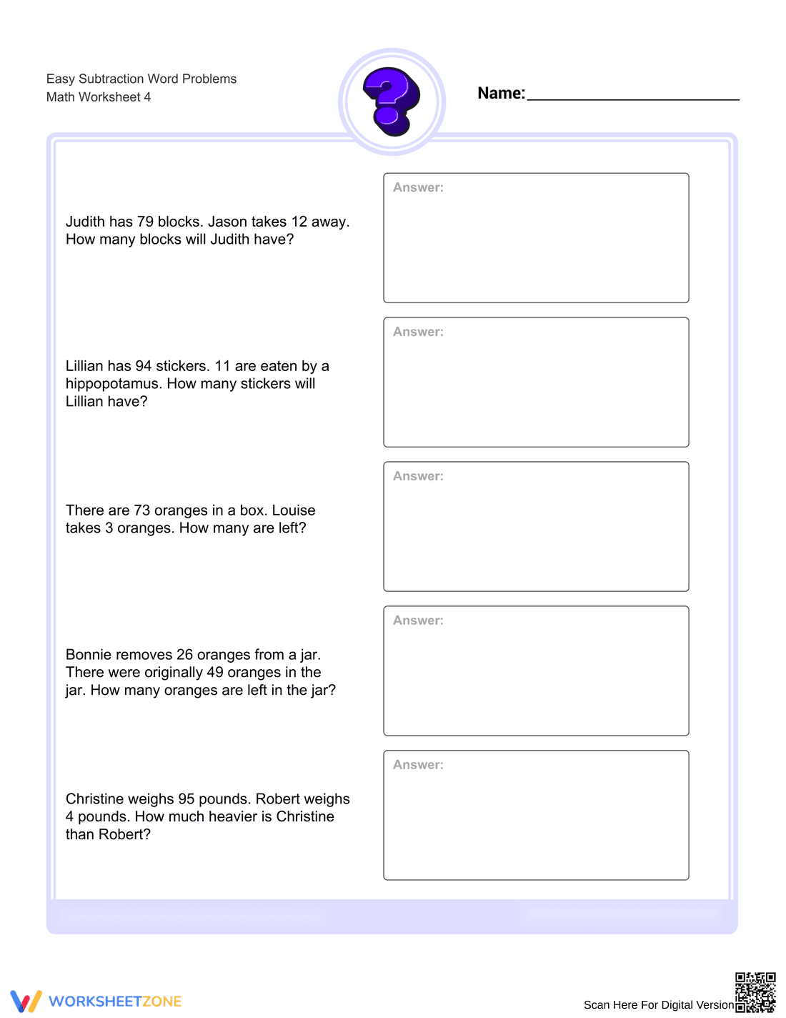 Easy Subtraction Word Problems Worksheet for Kids - Page 1