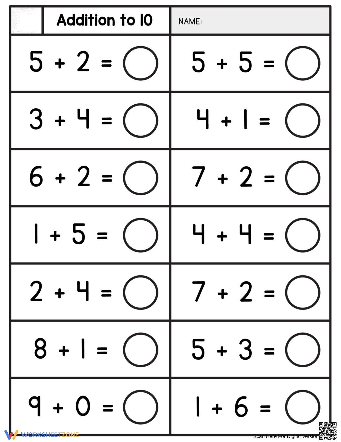 Simple Addition to 10 Math Practice Worksheet - Page 1