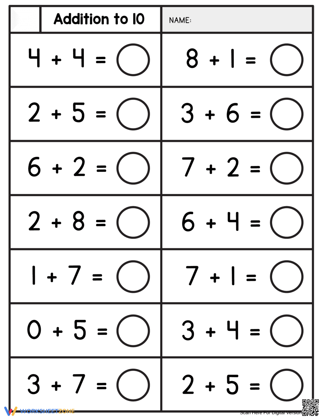 Addition To 10 Math Practice Worksheet - Page 1