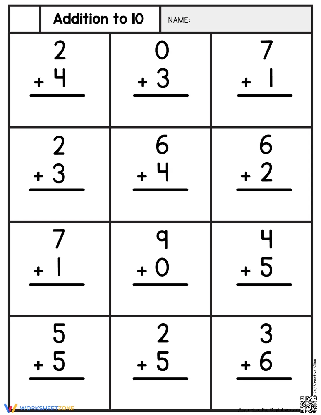 Addition to 10 Single Digit Practice Worksheet - Page 1