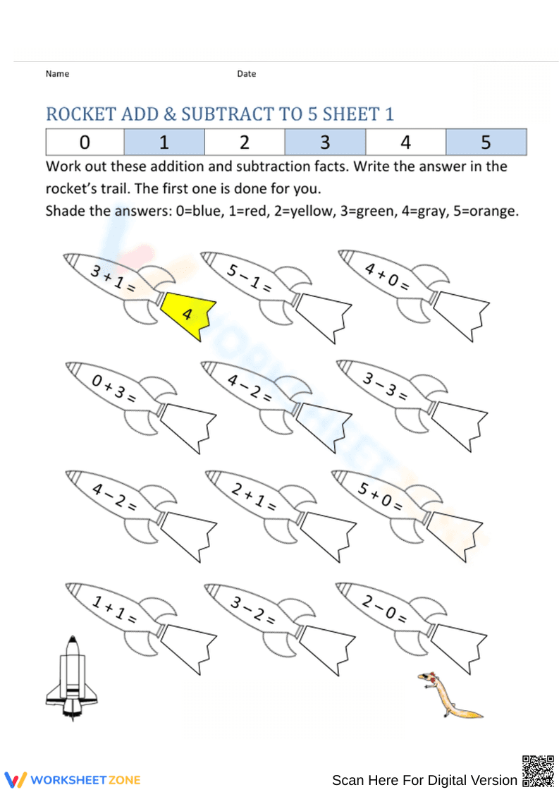 Rocket Add & Subtract to 5 Worksheet - Page 1