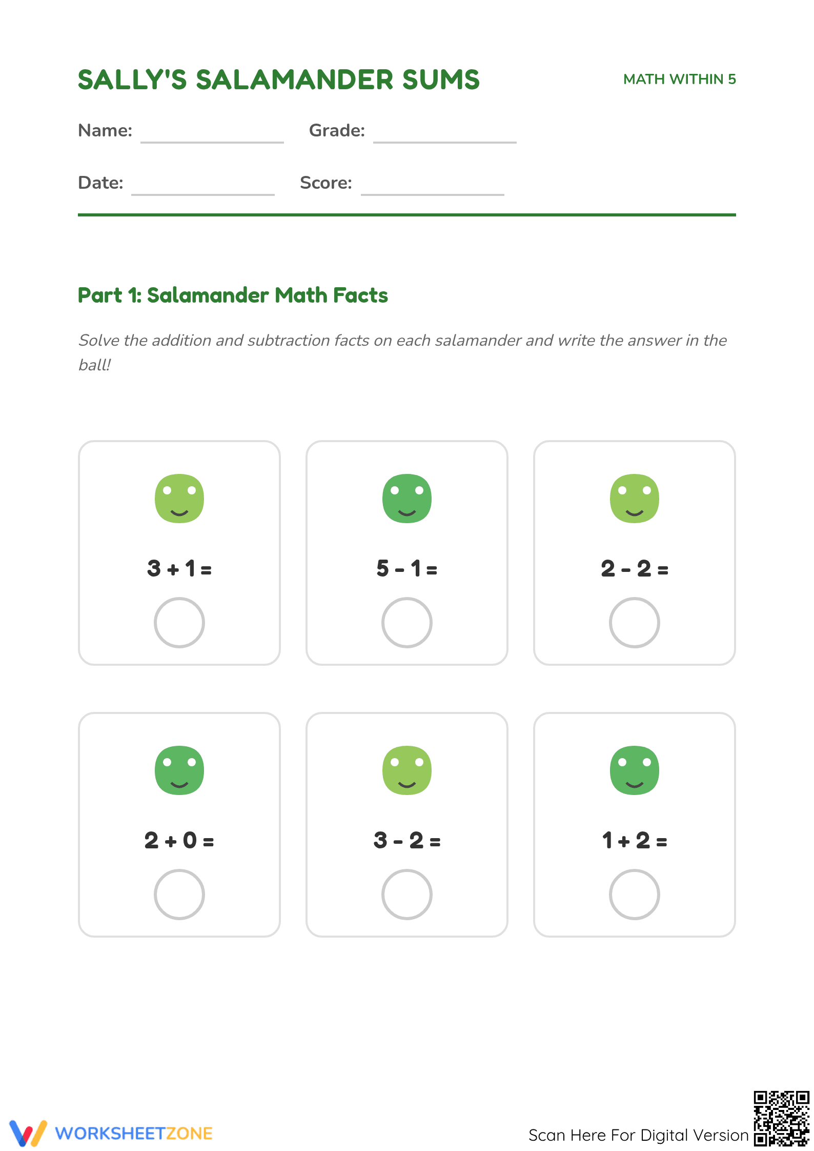 Grade K Add & Subtract to 5 — Printable No-Prep Worksheet - Page 1