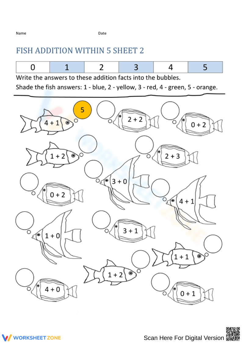 Fish Addition Within 5 Worksheet - Page 1