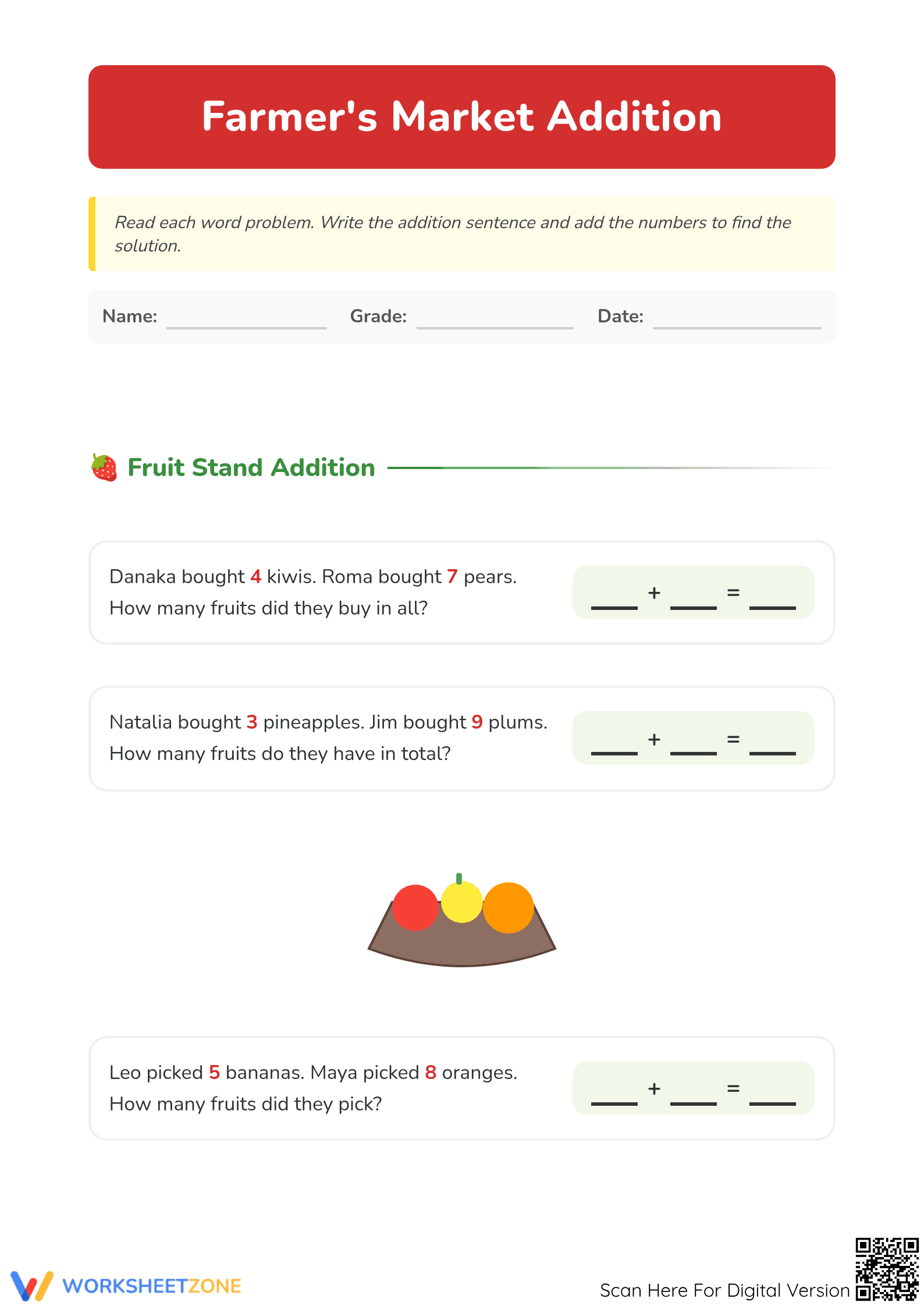 Printable Farmer's Market Addition Word Problems — Grade 1 - Page 1