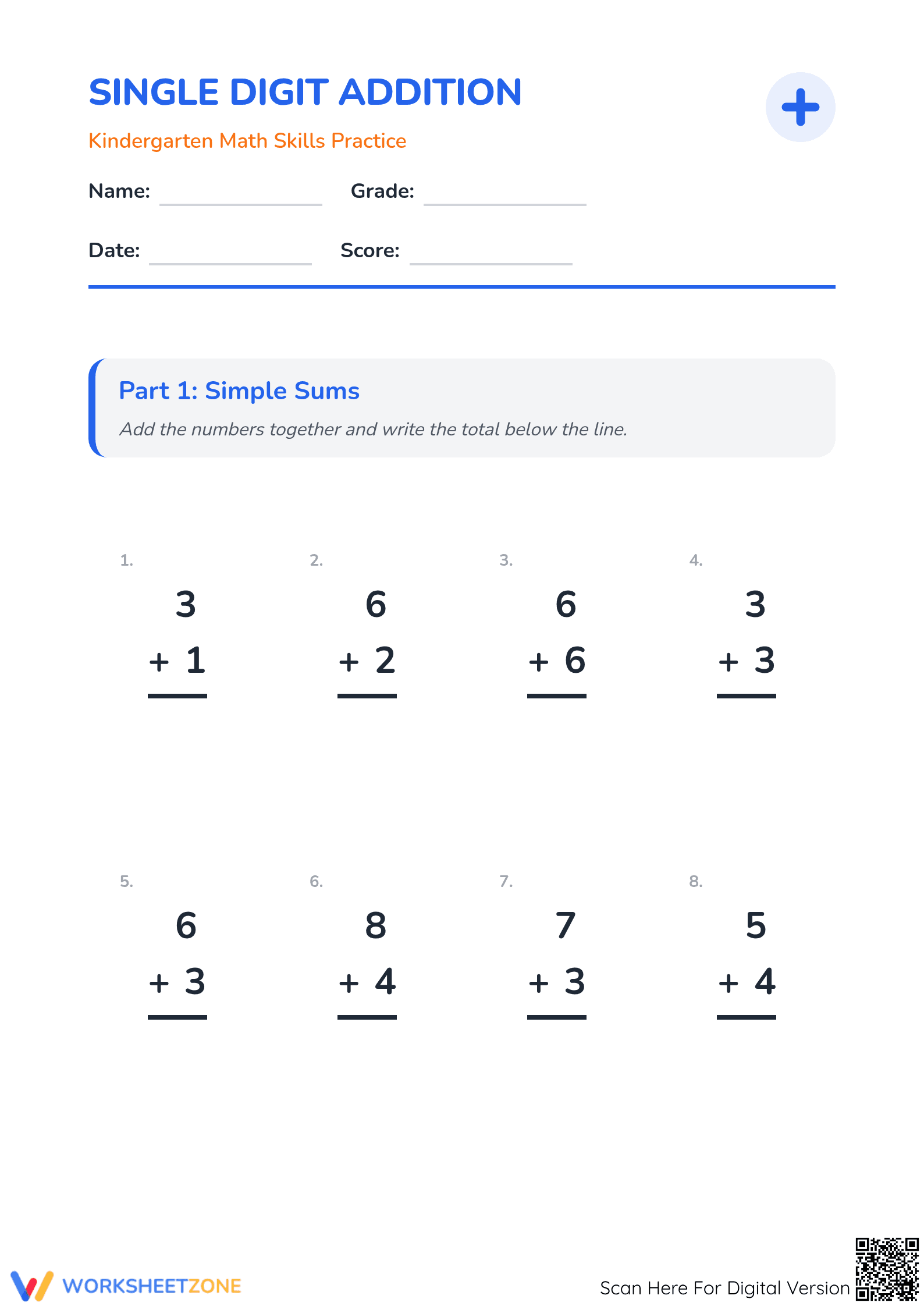 Printable Single Digit Addition Worksheet | Grade 1 Aligned - Page 1