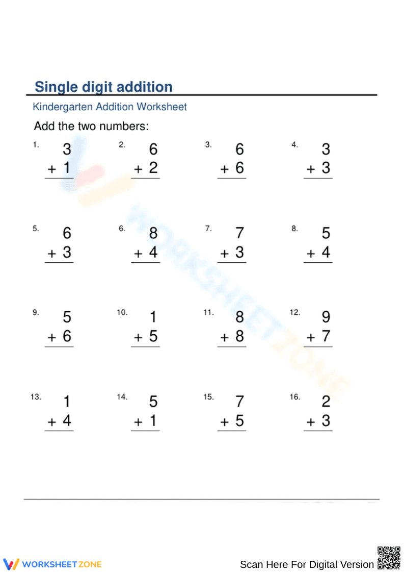 Kindergarten Math: Single Digit Addition - Page 1