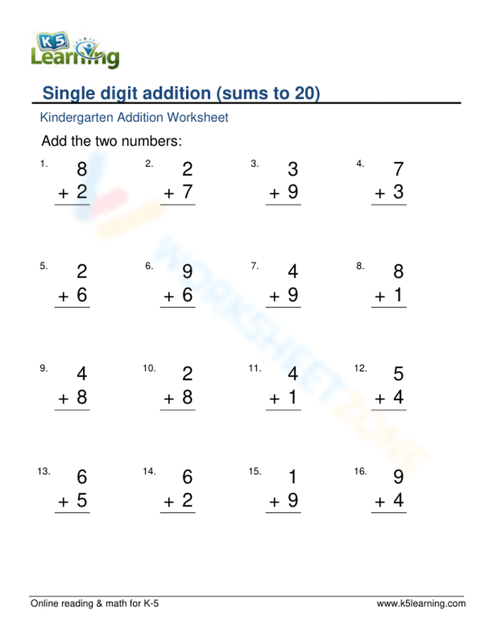 Simple addition - sums to 20 - Page 1
