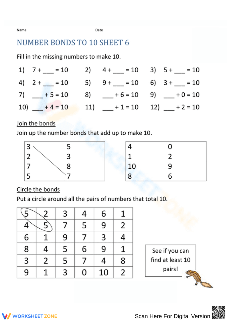 Interactive Number Bonds to 10 Sheet for Kids - Page 1