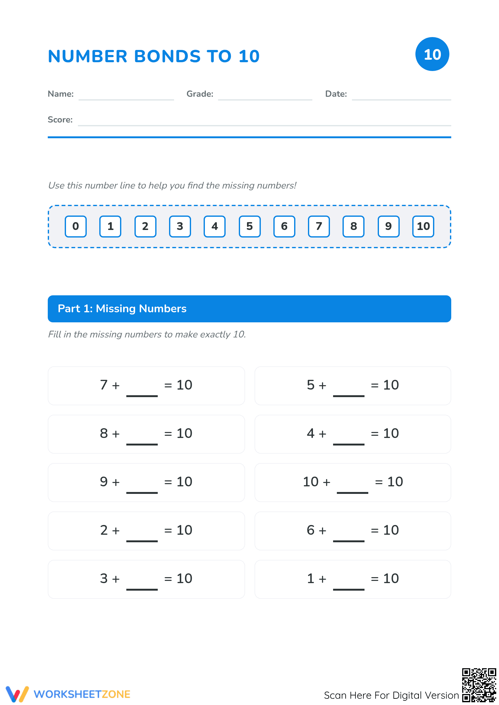 Printable Number Bonds to 10 Worksheet | Grade K-1 - Page 1