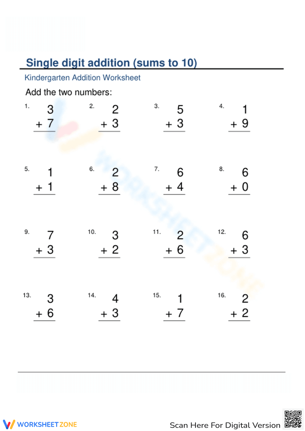 Kindergarten Single Digit Addition - Page 1