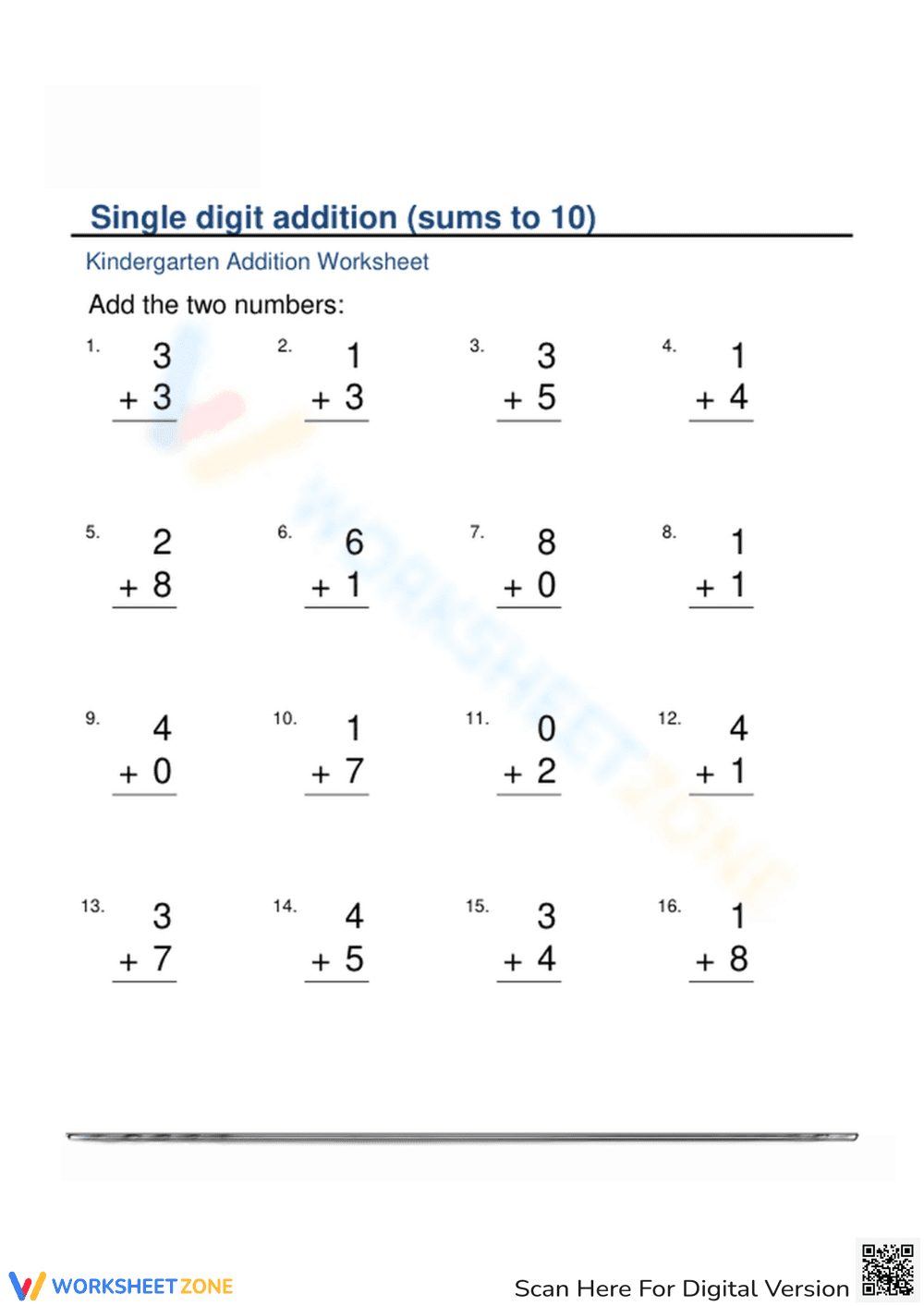Simple Addition Worksheet for Kindergarteners - Page 1