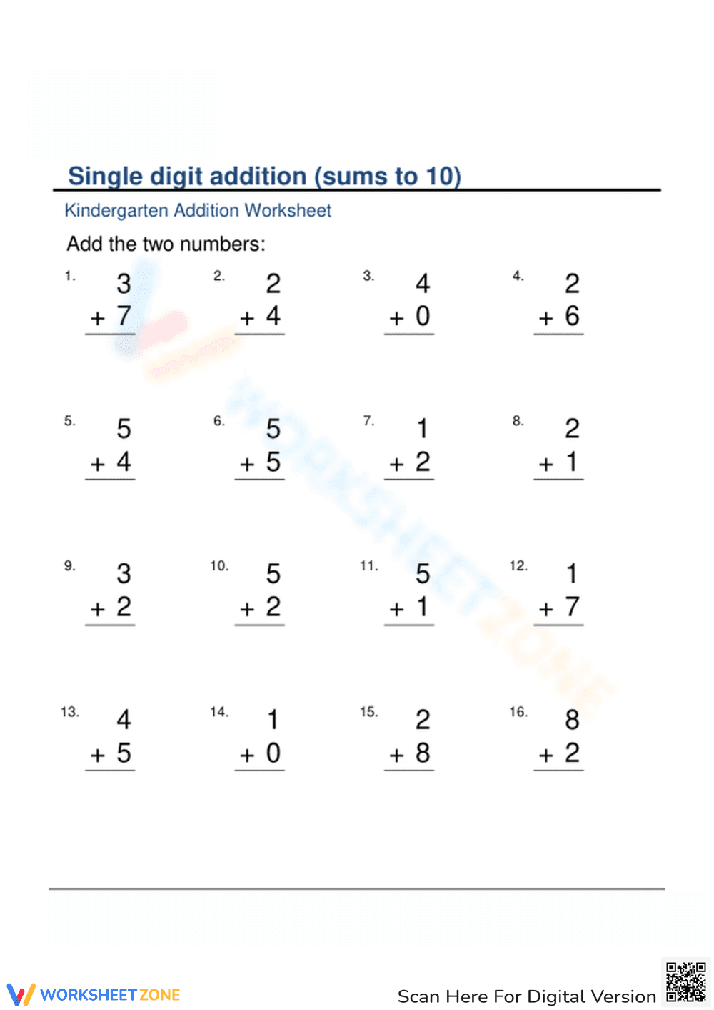 Kindergarten Math Addition: Sums to 10 - Page 1