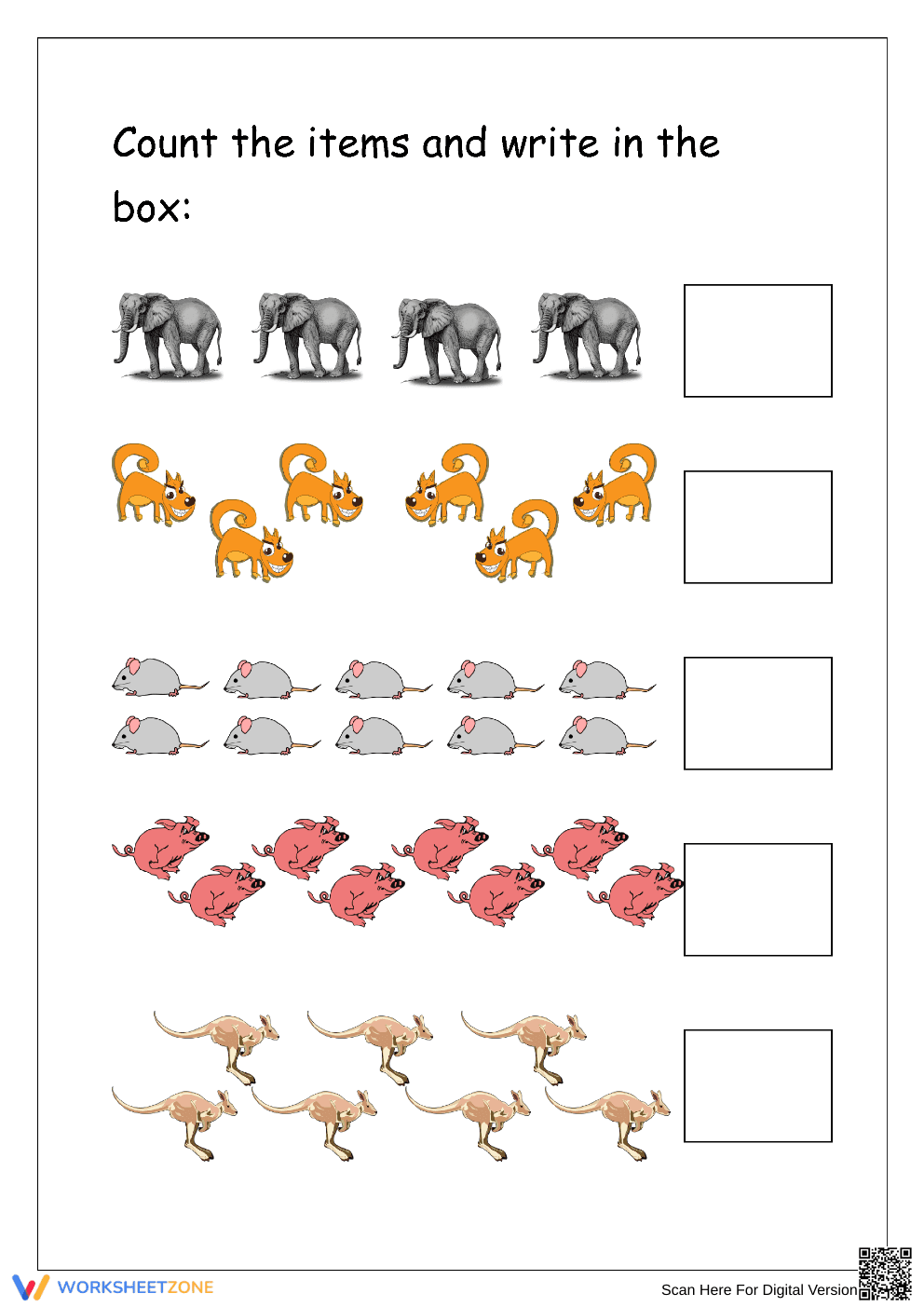 Count the Animals and Write the Number Worksheet - Page 1