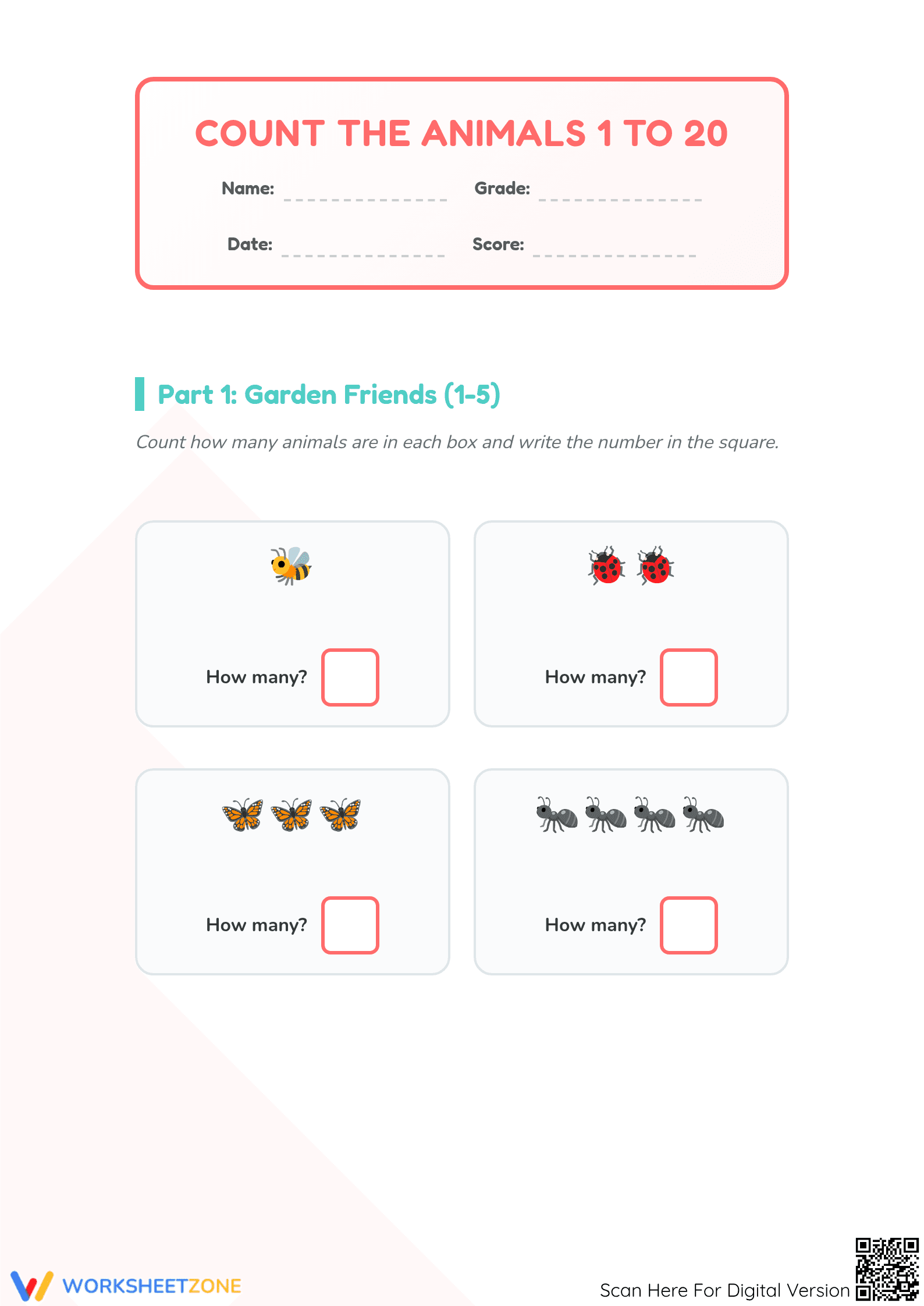 Printable Counting 1-20 Animals Worksheet | Kindergarten - Page 1