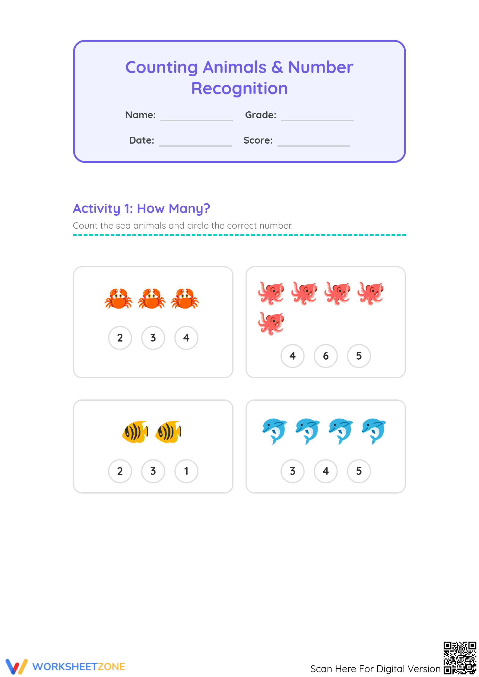 Printable Counting Animals & Number Recognition - Page 1
